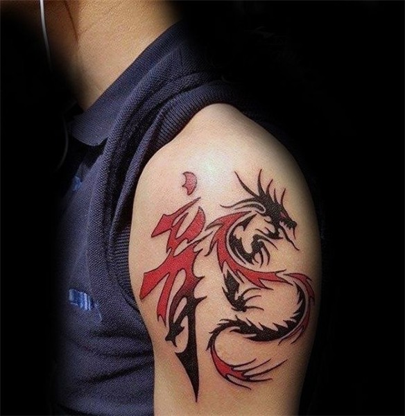 Unique Tribal Chinese Dragon Mens Red And Black Ink Upper Ar