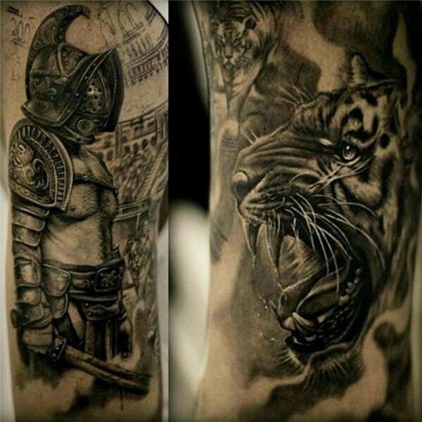 Very realistic black and white detailed shoulder tattoo of g