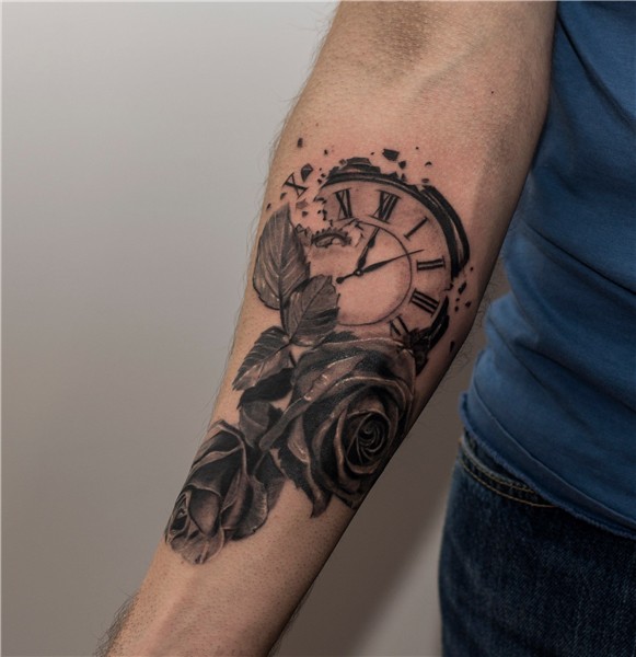 Watch tattoo on forearm black and grey by Nikita Zarubin Wat