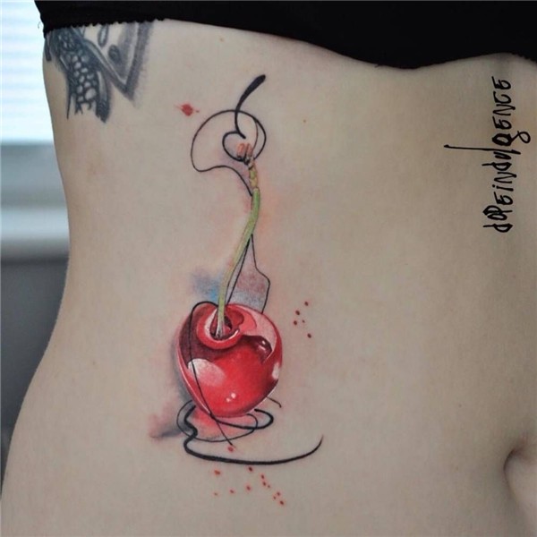 Watercolor cherry tattoo on the right side of the hip. Artis
