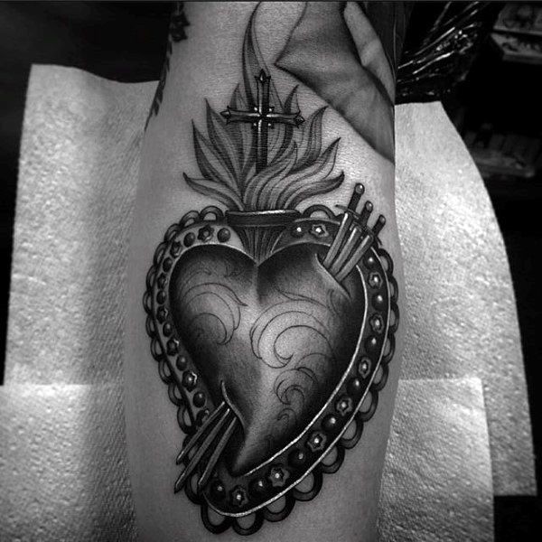 White With Black Ink Sacred Heart Guys Forearm Tattoos Sacre