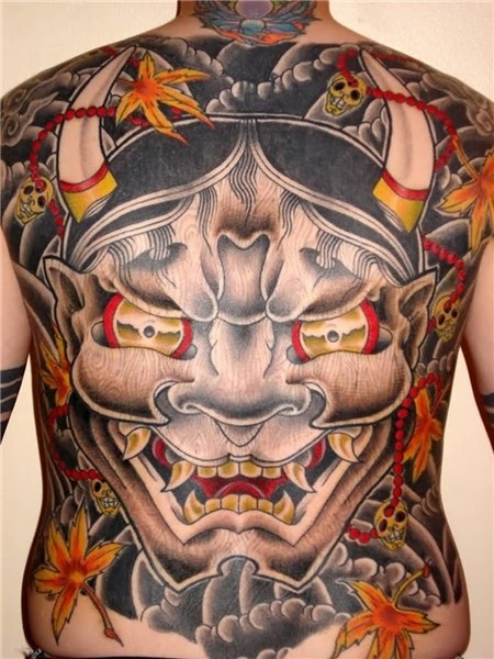 Whole Back Cover Up With Hannya Mask Tattoo