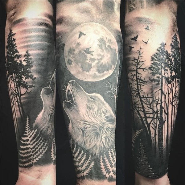 Wolf in the forest half sleeve #tattoo #wolf #forest Wolf ta