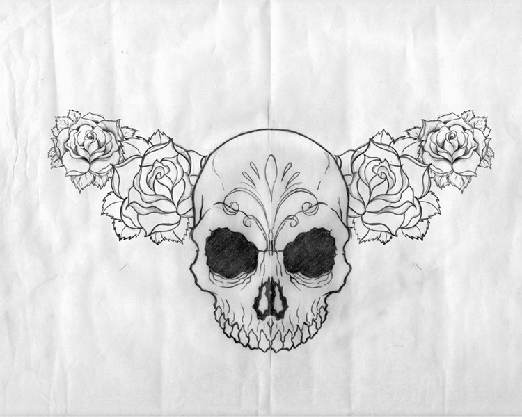 Wonderful Rose Flowers And Skull Tattoo Design