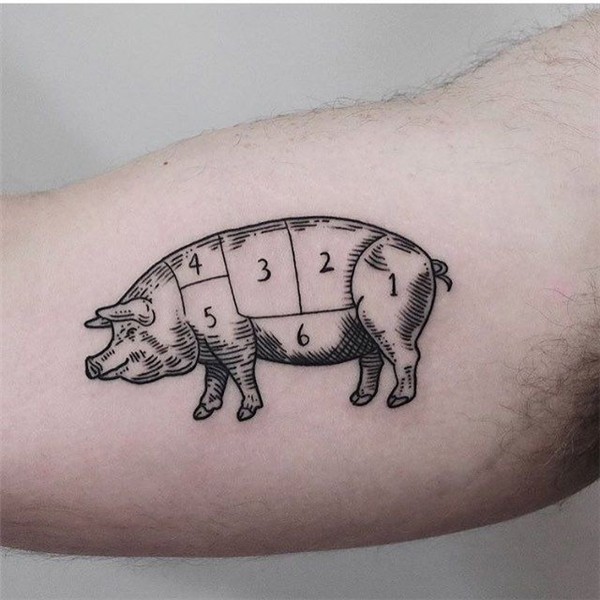 Woodcut style pig tattoo divided into six parts by Jonas Rib