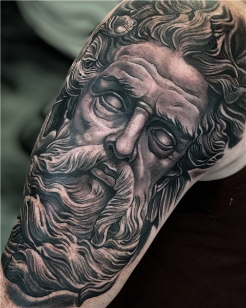 Zeus sculpture tattoo Fayetteville NC Greek god tattoo, Half