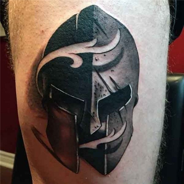 big detailed corrupted warrior helmet tattoo on thigh with w