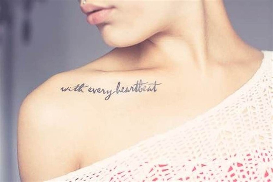 chic love collar bone tattoo quotes - with every heartbeat T