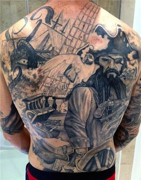 colored old pirate themed tattoo on whole back - Tattooimage