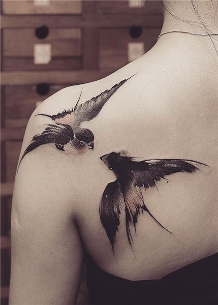 cool watercolor birds tattoo © tattoo artist chenjie.newtatt