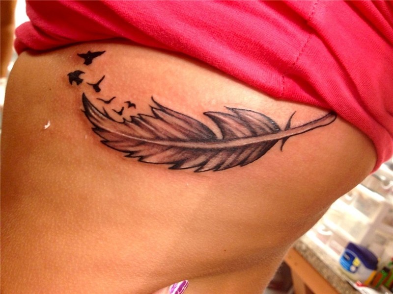 feather Feather with birds tattoo, Rib tattoo, Feather tatto
