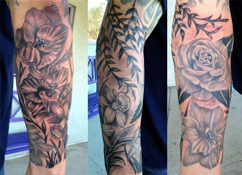 flower tattoo sleeve, rose, delphinium, daffodil, weeping wi