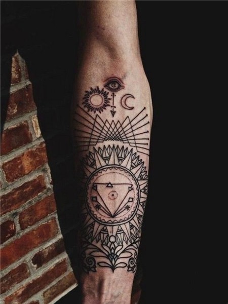 geometrical design, upper arm tattoos, forearm tattoo, black