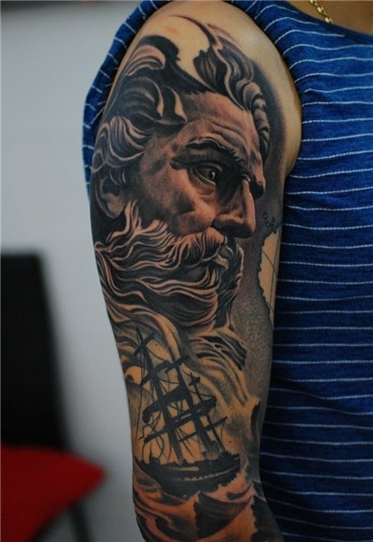 greek mythology project zeus on upper arm tattoo black and g