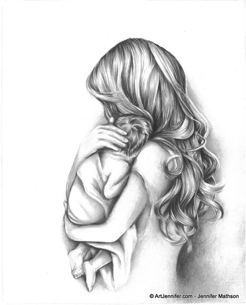 mom holding baby from side Mother and daughter drawing, Tatt