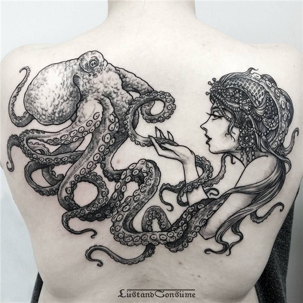 octopus, girl, back tattoo, tattoo for men Tattoos for guys,