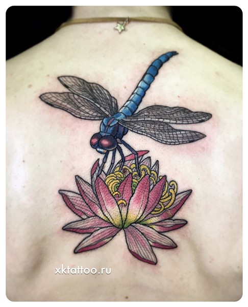 real traditional tattoo dragonfly with lotus, classic tattoo