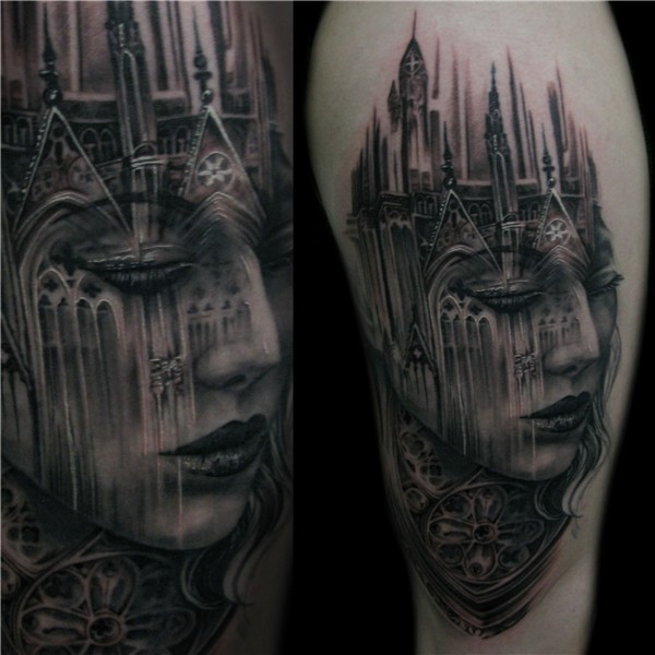 #tattoo #blackandgrey #face #morph #cathedral Castle tattoo,